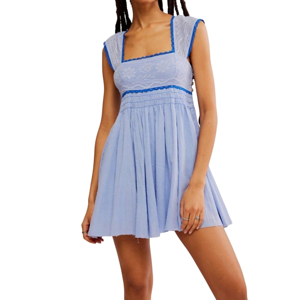 NWT Free People Heartland Mini Dress Lace Sz M Blue Embroidered Bodice Tie Back